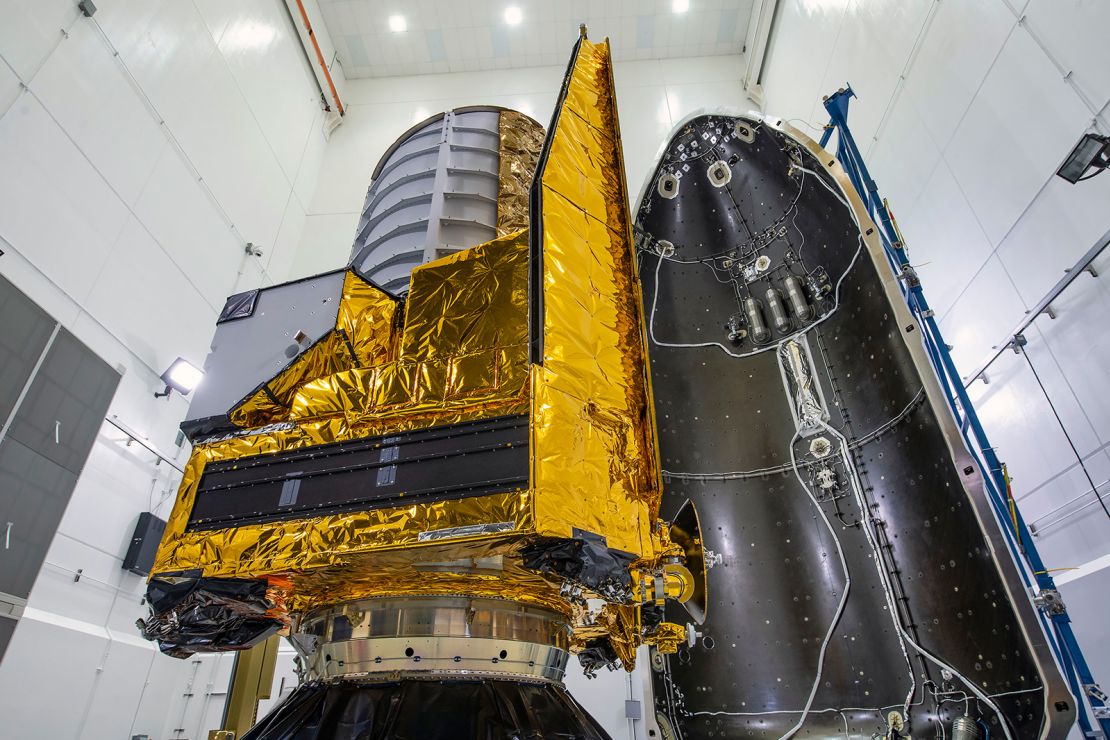On 27 June, this last glimpse of ESA's Euclid space telescope was caught right before it was encapsulated by a SpaceX Falcon 9 fairing, meaning that the nose of the rocket was installed over the spacecraft.