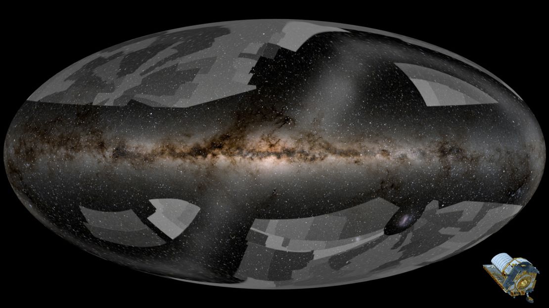 Euclid will scan across the night sky, combining separate measurements to form the largest cosmological survey ever conducted in the visible and near-infrared. This animation shows the areas it will cover. The different shades of grey depict the area of the sky covered over one year during Euclid's six-year survey.