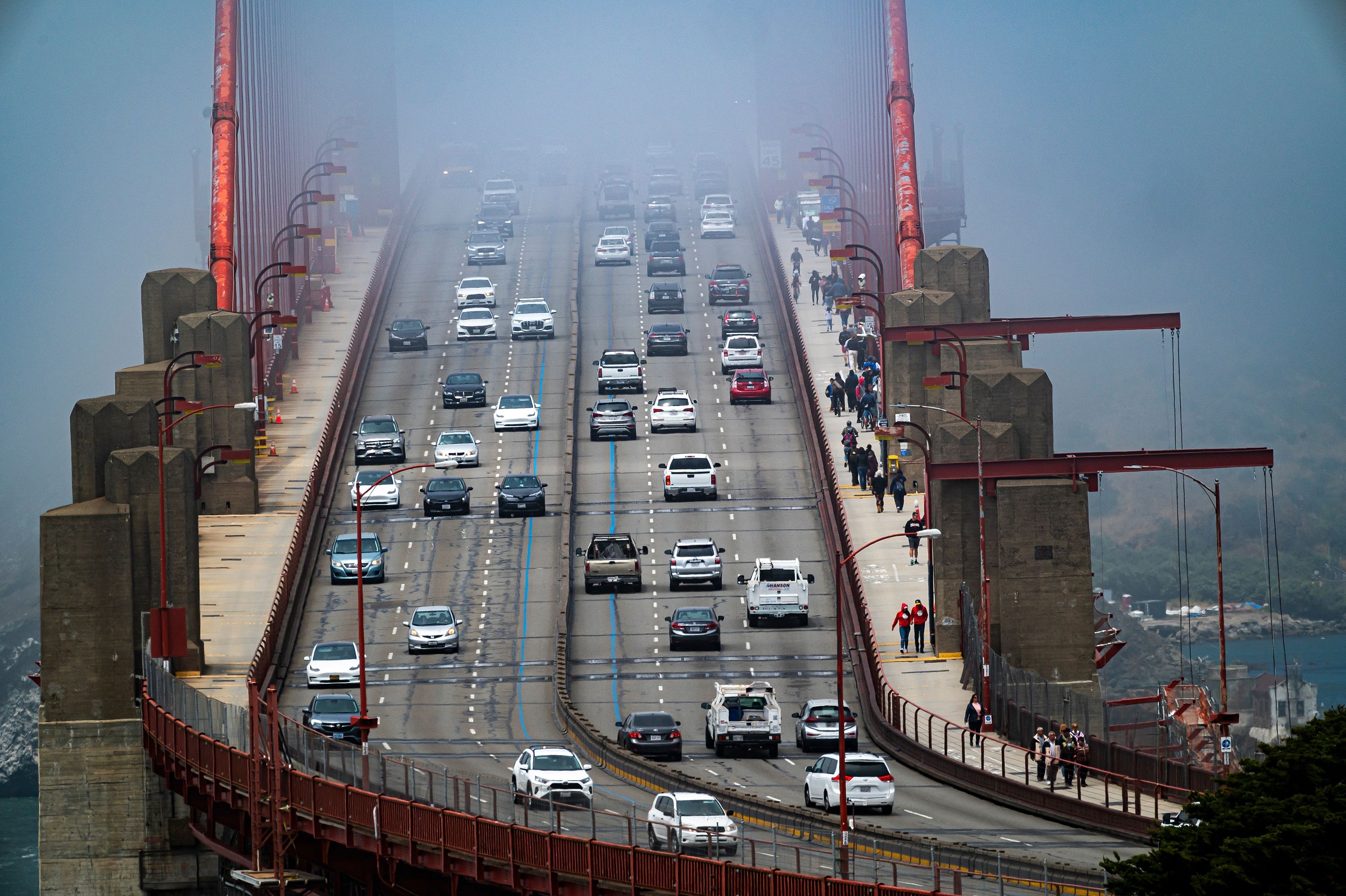 Motorists travel along the Golden Gate Bridge in San Francisco on Thursday.