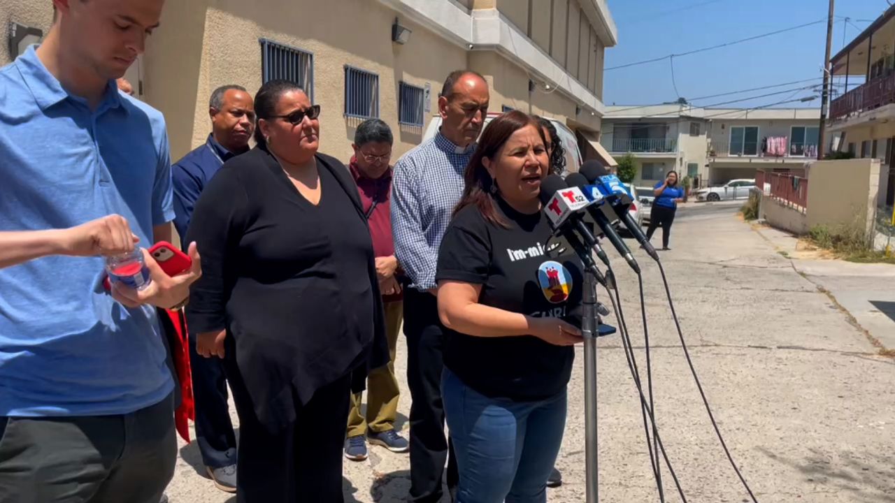Angelica Salas, executive director for the Coalition for Humane Immigrant Rights of Los Angeles, speaks at a news conference Saturday, July 1.