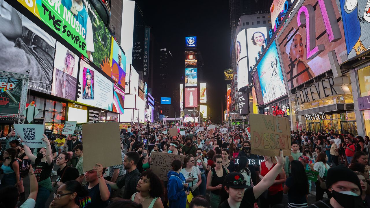 Abortion rights supporters rally in New York City on June 24, 2022, to protest the Supreme Court's overturning of Roe v. Wade.