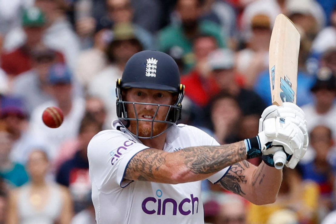 England's captain Ben Stokes plays a shot on day five of the second Ashes cricket Test match between England and Australia at Lord's cricket ground in London on July 2, 2023.