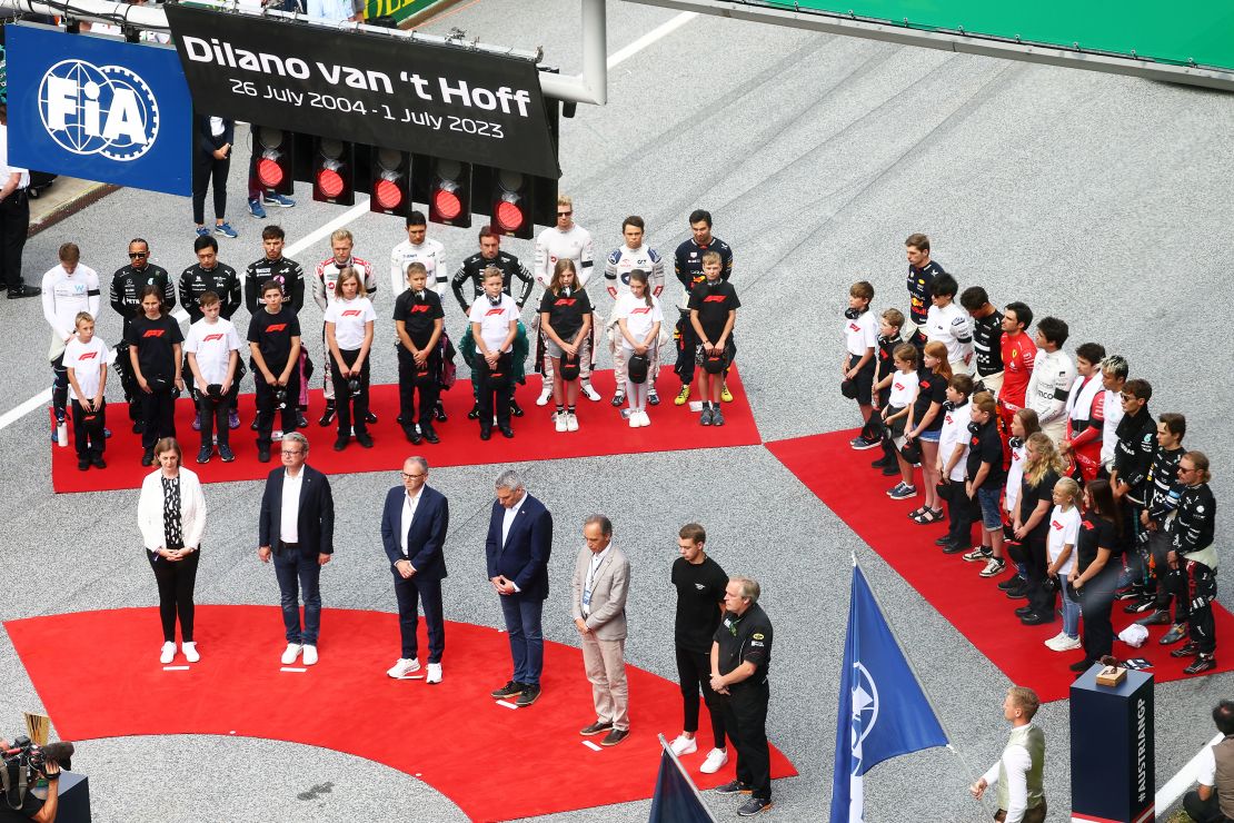 The F1 drivers stand on the grid for a minutes silence  to commemorate the passing of Dilano van't Hoff of Netherlands and MP Motorsport in the Formula Regional European Championship by Alpine event at Spa-Francorchamp prior to the F1 Grand Prix of Austria at Red Bull Ring on July 02, 2023 in Spielberg, Austria.