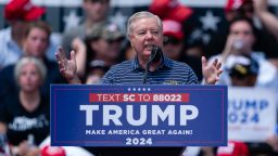 Senator Lindsey Graham, a Republican from South Carolina, speaks during a campaign event for former US President Donald Trump in Pickens, South Carolina, US, on Saturday, July 1, 2023. Former US President Trump praised Supreme Court rulings that ended affirmative action in college admissions and a student debt-relief program, as well as limited LGBTQ protections, touting his role in installing the court's conservative majority. Photographer: Elijah Nouvelage/Bloomberg via Getty Images