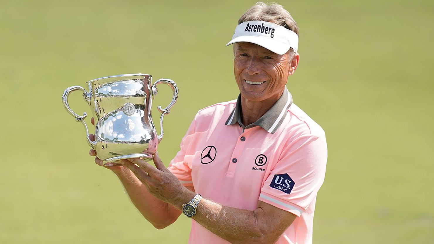 STEVENS POINT, WISCONSIN - JULY 02: Bernhard Langer of Germany poses with the Francis D. Ouimet Memorial Trophy after winning the U.S. Senior Open Championship at SentryWorld on July 02, 2023 in Stevens Point, Wisconsin.