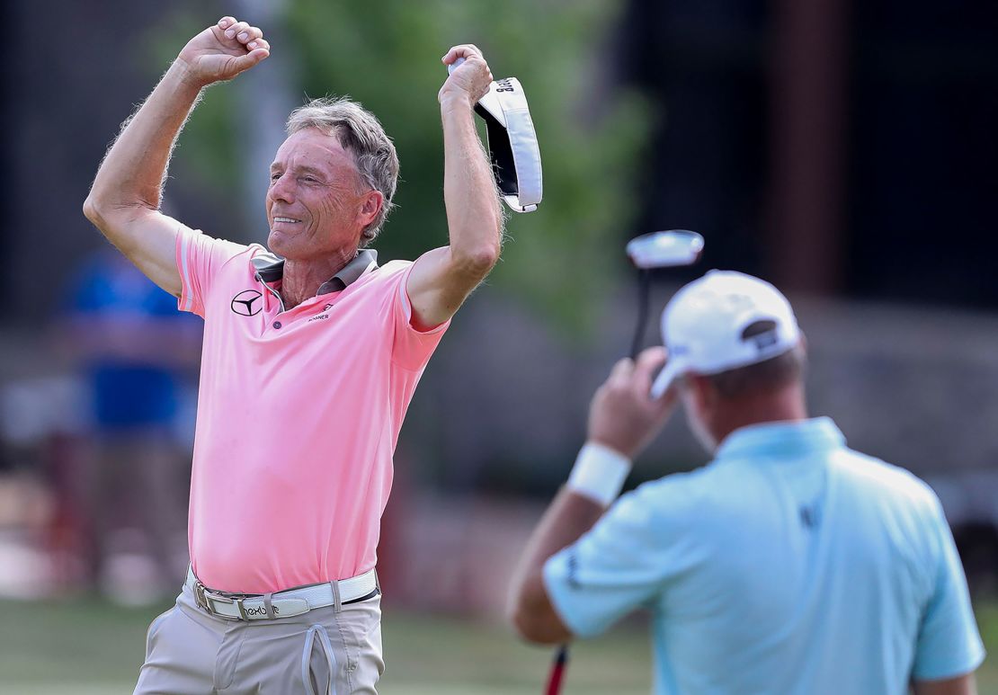 Bernhard Langer, left, celebrates after sinking a putt on the 18th hole during the final round of the U.S. Senior Open golf tournament Sunday, July 2, 2023, in Stevens Point, Wis. (Tork Mason/The Post-Crescent via AP)