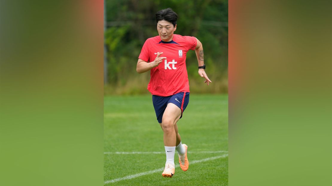 South Korea's women national soccer team player Park Eun-seon warms up during a training session ahead of the FIFA Women's World Cup at the National Football Center in Paju, South Korea, Friday, June 30, 2023. South Korean team will announce their final squad members after the friendly soccer match against Haiti on July 8. South Korea will compete in the Group H at the FIFA Women's World Cup with Germany, Morocco and Colombia.