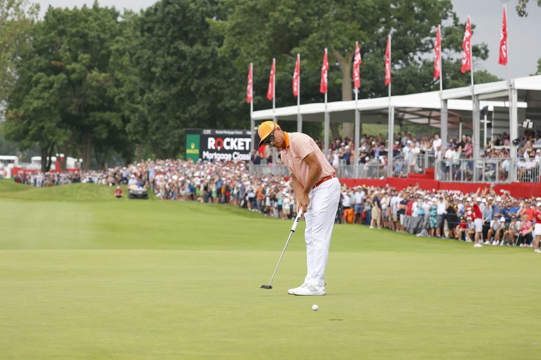 DETROIT, MI - JULY 02: PGA golfer Rickie Fowler makes the winning birdie putt on the 18th hole during a playoff on July 2, 2023, during the final round to win the Rocket Mortgage Classic at the Detroit Golf Club in Detroit, Michigan. (Photo by Brian Spurlock/Icon Sportswire) (Icon Sportswire via AP Images)