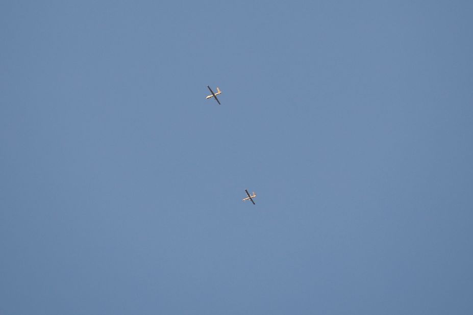Aerial vehicles fly during the Israeli military operation in Jenin on Monday.