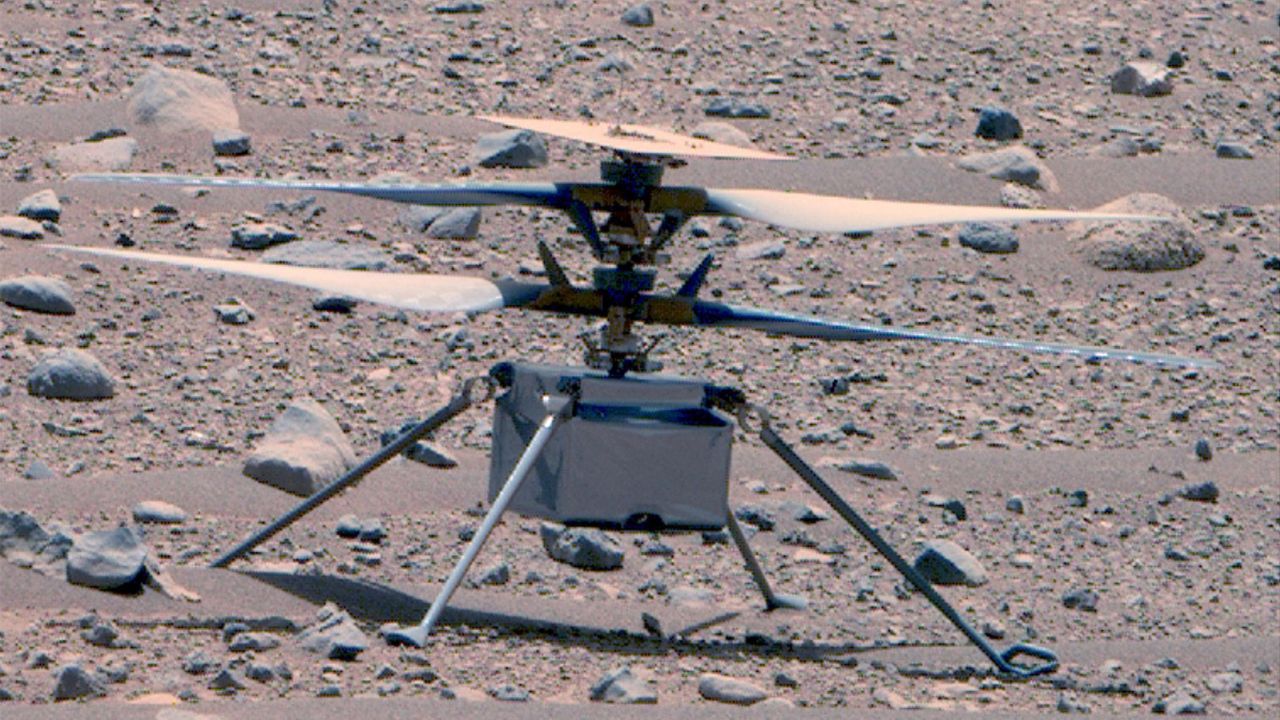 This enhanced color image of NASA's Ingenuity Mars Helicopter was taken by the Mastcam-Z instrument aboard Perseverance on April 16, 2023, the 766th Martian day, or sol, of the rover's mission.