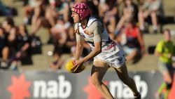 FREMANTLE, WESTERN AUSTRALIA - FEBRUARY 26: Heather Anderson of the Crows looks to pass the ball during the round four AFL Women's match between the Fremantle Dockers and the Adelaide Crows at Fremantle Oval on February 26, 2017 in Fremantle, Australia.  (Photo by Will Russell/AFL Media/Getty Images)