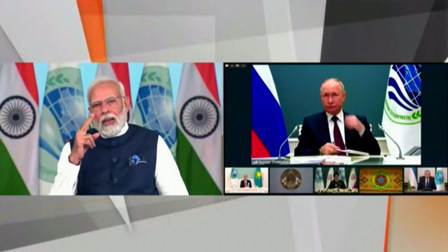 Indian Prime Minister Narendra Modi and Russian President Vladimir Putin pictured side-by-side at the virtual Shanghai Cooperation Organization summit on July 4.