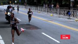 Senbere Teferi makes a wrong turn before the finish line of the Peachtree Road Race in Atlanta, Georgia, on July 4, 2023.