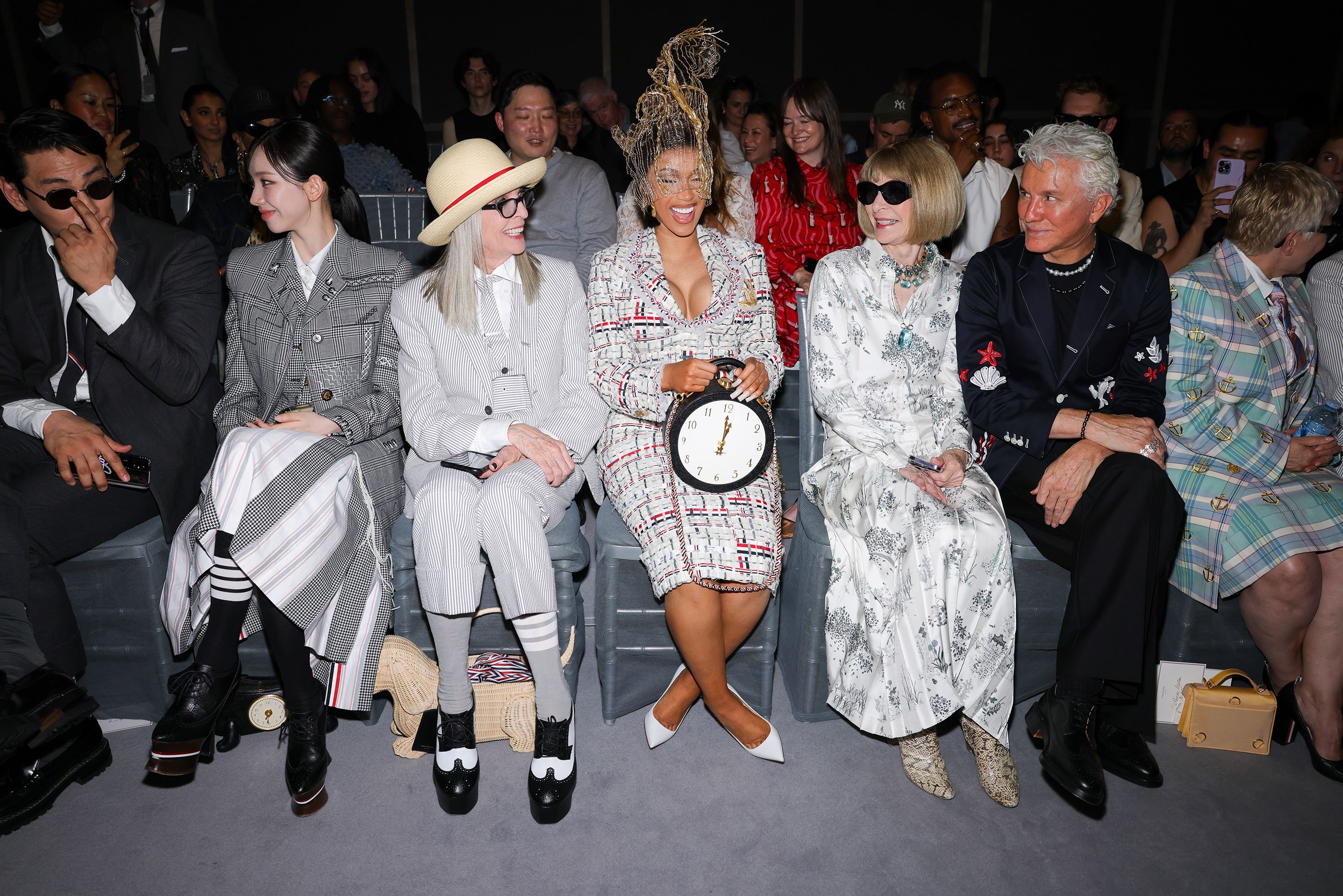 PARIS, FRANCE - JULY 03: (EDITORIAL USE ONLY - For Non-Editorial use please seek approval from Fashion House) Karina,Diane Keaton,Cardi B,Anna Wintour and  Baz Luhrmann attends the Thom Browne Haute Couture Fall/Winter 2023/2024 show as part of Paris Fashion Week  on July 03, 2023 in Paris, France. (Photo by Pierre Suu/Getty Images)