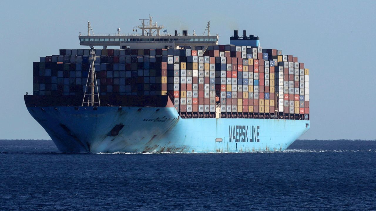 Maersk's giant container ship, Majestic Maersk, in the Strait of Gibraltar in Spain on January 19, 2023. 
