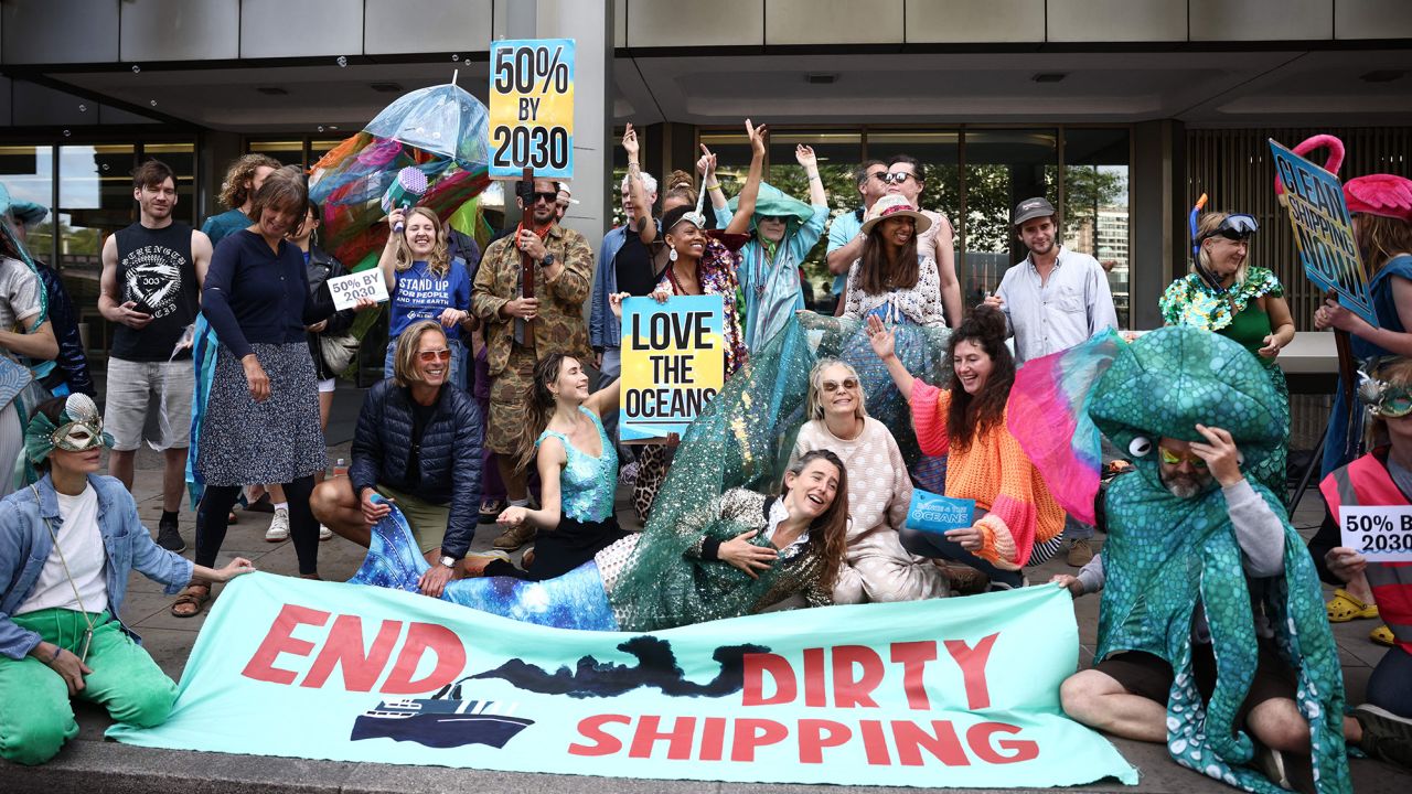 Activists outside the International Maritime Organization conference in London on July 3, 2023.