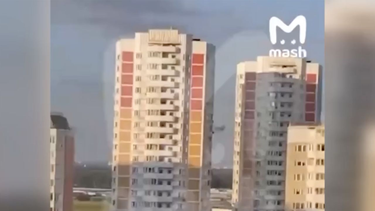 This social video appears to show the smoke trace in the Moscow sky after reports of thwarted drone attack on Tuesday. CNN cannot independently verify the video.