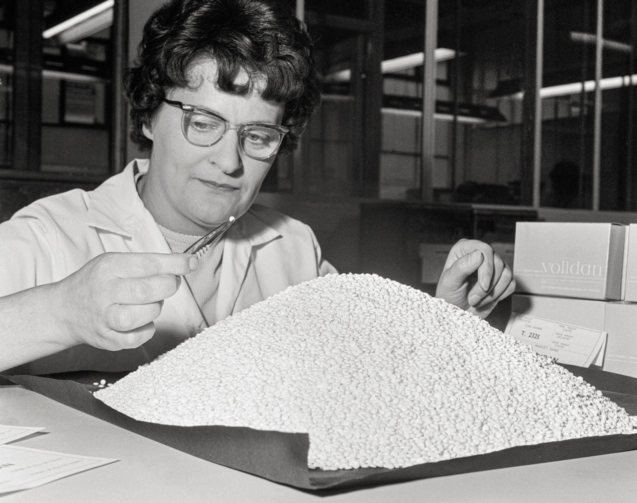 Contraceptive pills are inspected at the pharmaceutical company British Drug Houses in 1965.
