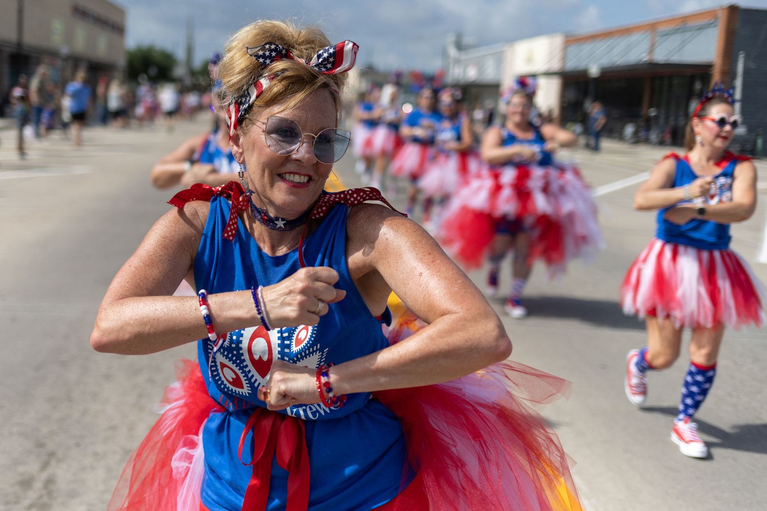 A member of the Tutu Live Krewe marches during a parade in Texas City, Texas, on Tuesday.