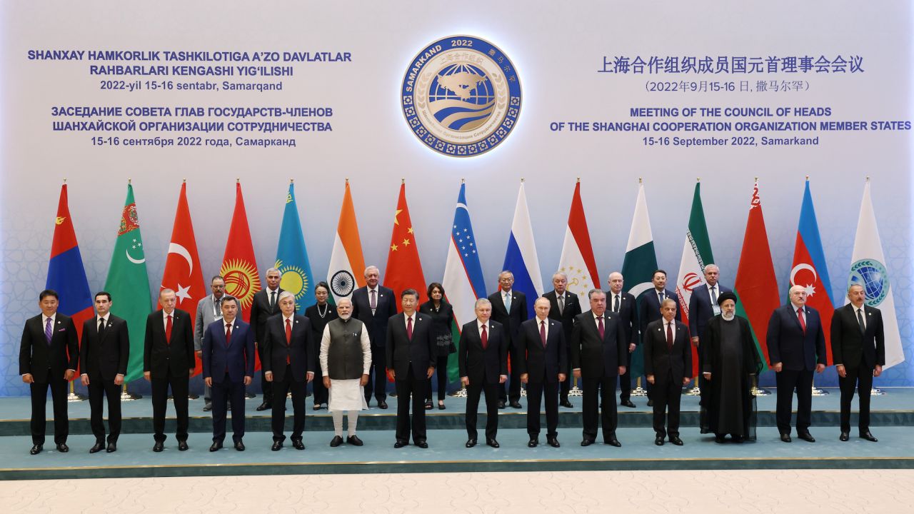 World leaders pose for a photo during the Shanghai Cooperation Organization summit in Samarkand, Uzbekistan, on September 16, 2022. 
