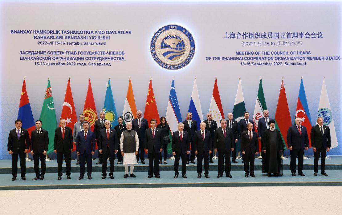 World leaders pose for a photo during the Shanghai Cooperation Organization summit in Samarkand, Uzbekistan, on September 16, 2022. 