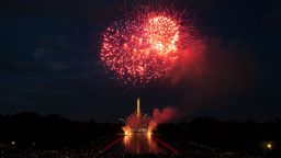WASHINGTON, DC - JULY 4: Fireworks erupt over the Washington Monument during the Independence Day fireworks display along the National Mall on July 4, 2023 in Washington, DC. Crowds of people came together to partake in the annual event commemorating the Fourth of July celebration. (Photo by Nathan Howard/Getty Images)