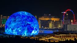 The MSG Sphere illuminates the Las Vegas skyline with a display to celebrate Independence Day as the Exosphere is fully lit up for the first time, as seen from the Metropolis, on Tuesday, July 4, 2023. (L.E. Baskow/Las Vegas Review-Journal