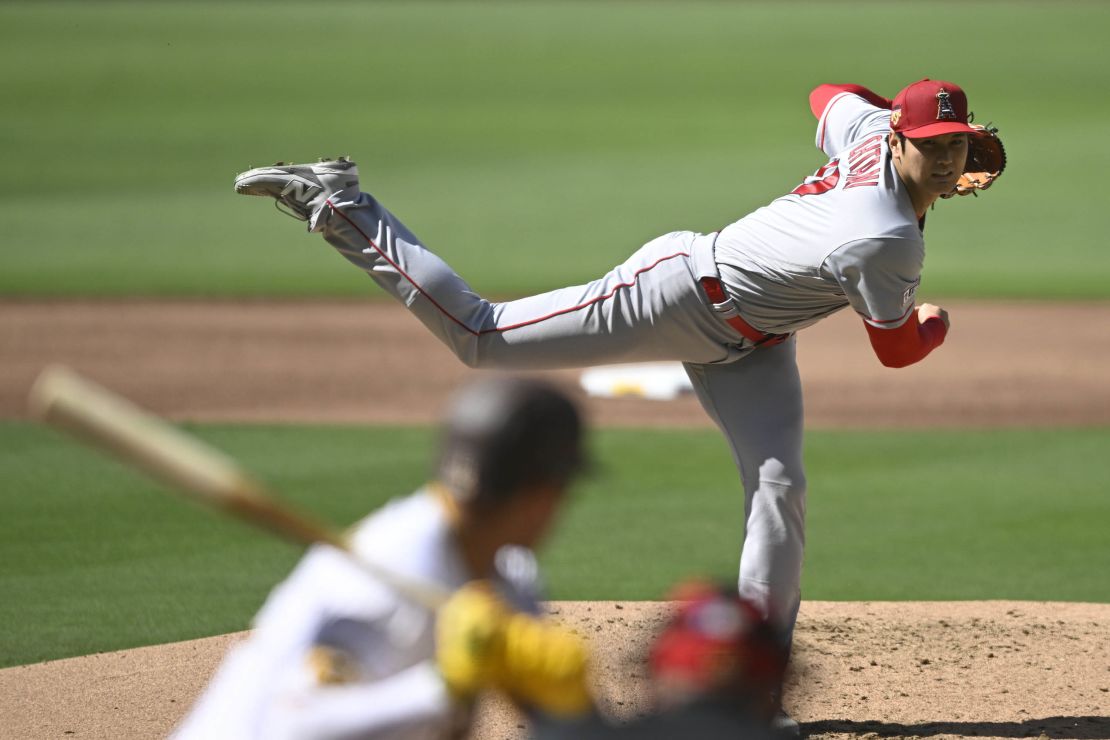 Los Angeles Angels starting pitcher Shohei Ohtani (17) delivers during the second inning of a baseball game against the San Diego Padres Tuesday, July 4, 2023, in San Diego. (AP Photo/Denis Poroy)