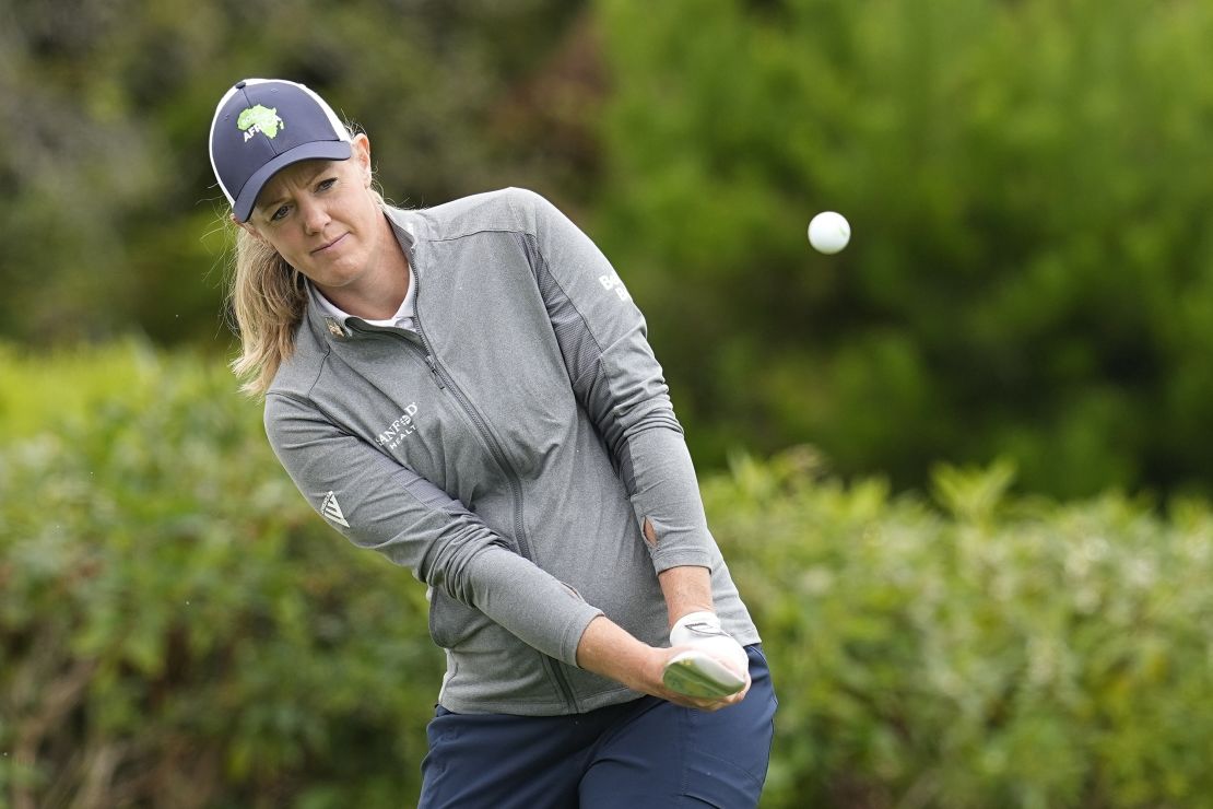 Amy Olson hits to the first green during a practice round for the U.S. Women's Open golf tournament at Pebble Beach Golf Links, Tuesday, July 4, 2023, in Pebble Beach, Calif. (AP Photo/Darron Cummings)