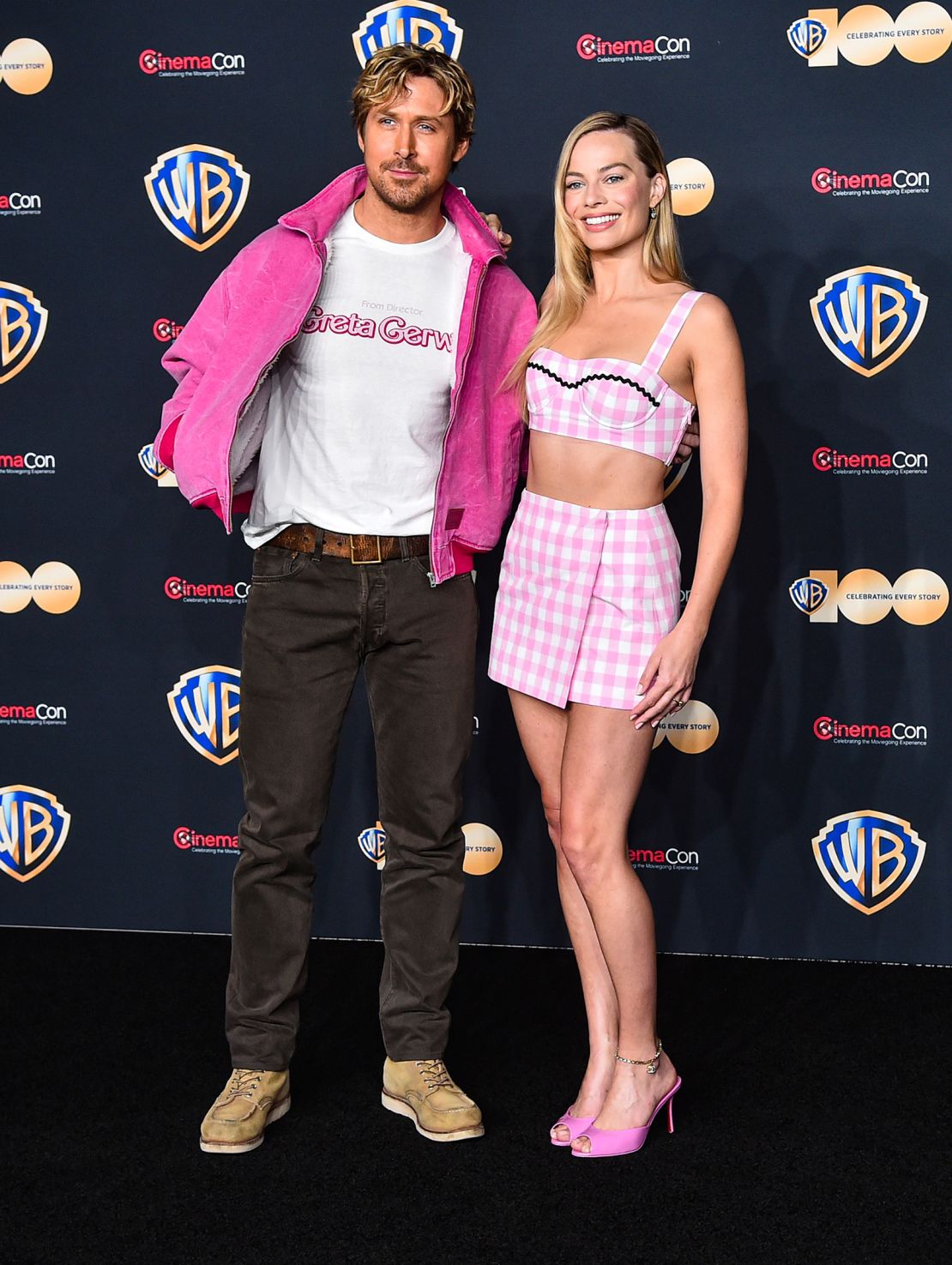 LAS VEGAS, NEVADA - APRIL 25: (L-R) Ryan Gosling and Margot Robbie attend the State of the Industry and Warner Bros. Pictures Presentation at The Colosseum at Caesars Palace during CinemaCon, the official convention of the National Association of Theatre Owners, on April 25, 2023, in Las Vegas, Nevada. (Photo by Alberto E. Rodriguez/Getty Images for CinemaCon)