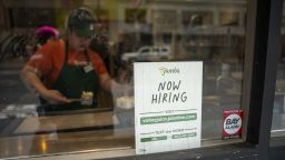 A "Now Hiring" sign at Jamba Juice in San Francisco, California, US, on Monday, June 26, 2023. California led a nationwide jump in job vacancies in April that reversed recent declines and keeps pressure on the Federal Reserve to consider more interest-rate hikes. 