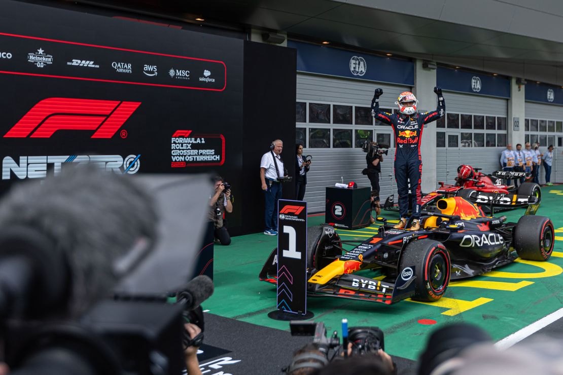 Max Verstappen of Netherland and Oracle Red Bull Racing driver celebrates his victory after the race at Formula 1 Rolex Austrian Grand Prix on July 02, 2023 in Spielberg, Austria.