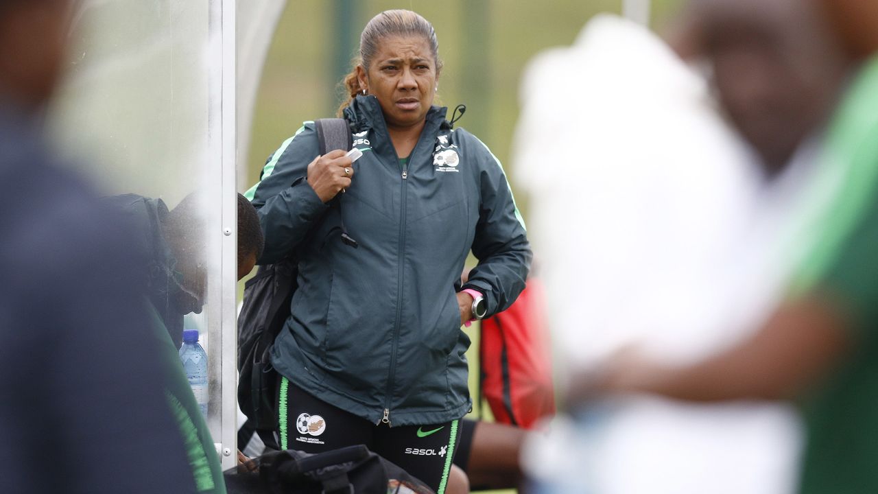 South African Head Coach Desiree Ellis looks on during the South African National Women's football team training session held at the Princess Magogo Stadium in Kwa Mashu outside Durban on April 2, 2019. - The South African team, affectionately known as Banyana Banyana, are preparing for their friendly against Jamiaca to be held at the Moses Mabhida Stadium on April 7, 2019. (Photo by Anesh Debiky / AFP)        (Photo credit should read ANESH DEBIKY/AFP via Getty Images)