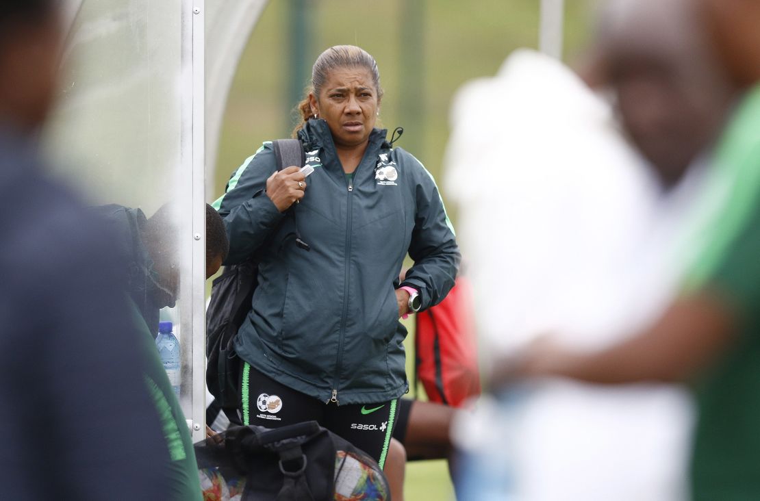 South African Head Coach Desiree Ellis looks on during the South African National Women's football team training session held at the Princess Magogo Stadium in Kwa Mashu outside Durban on April 2, 2019. - The South African team, affectionately known as Banyana Banyana, are preparing for their friendly against Jamiaca to be held at the Moses Mabhida Stadium on April 7, 2019. (Photo by Anesh Debiky / AFP)        (Photo credit should read ANESH DEBIKY/AFP via Getty Images)