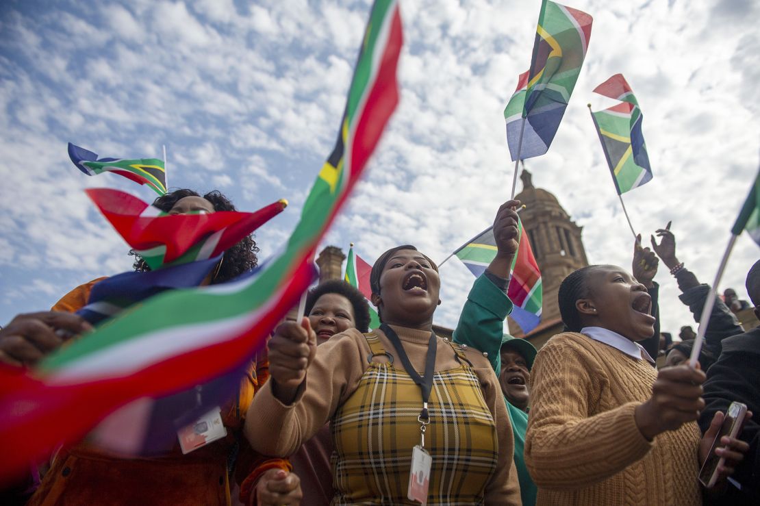 PRETORIA, SOUTH AFRICA - JULY 27: Banyana Banyana supporters at the Union Buildings where the team met with President Cyril Ramaphosa on July 27, 2022 in Pretoria, South Africa. South African women soccer team, Banyana Banyana team won the 2022 WAFCON finals by beating Morocco 2-1 at the Prince Moulay Abdellah Stadium. (Photo by Alet Pretorius/Gallo Images via Getty Images)
