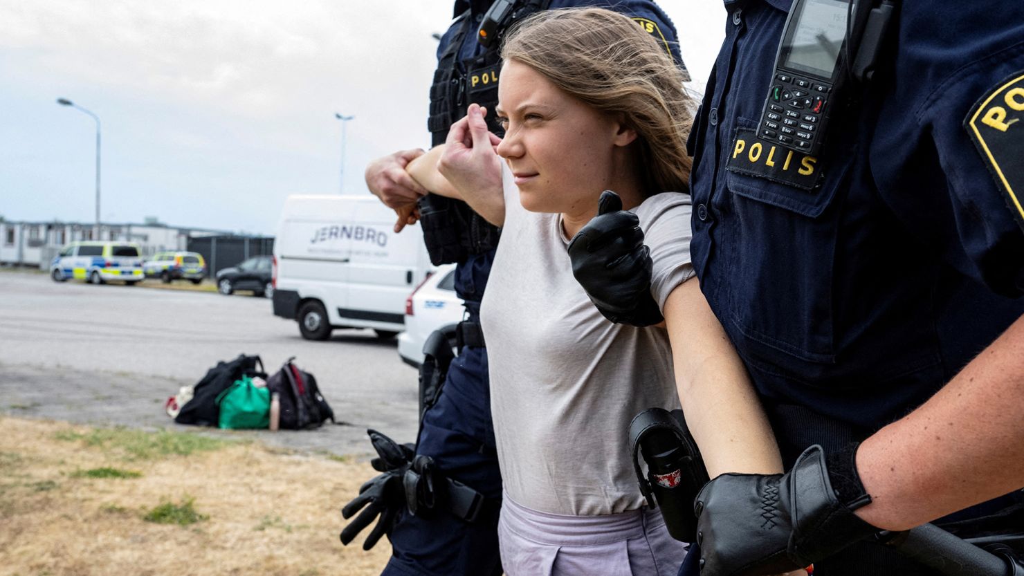 Police remove Greta Thunberg from a climate protest in Malmö, Sweden on June 19, 2023. 