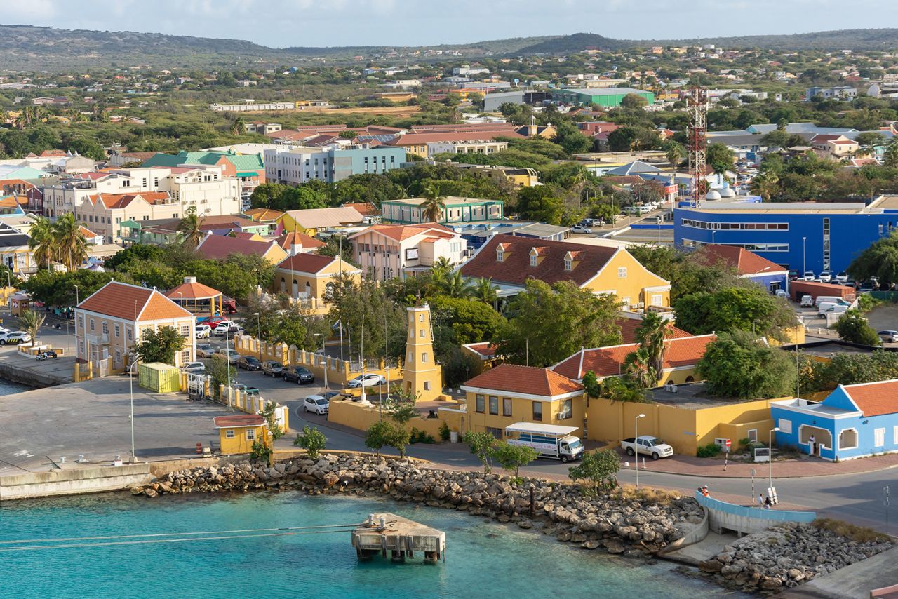 RT98BE View of city from cruise ship deck, Kralendijk, Bonaire, ABC Islands, Leeward Antilles, Caribbean
