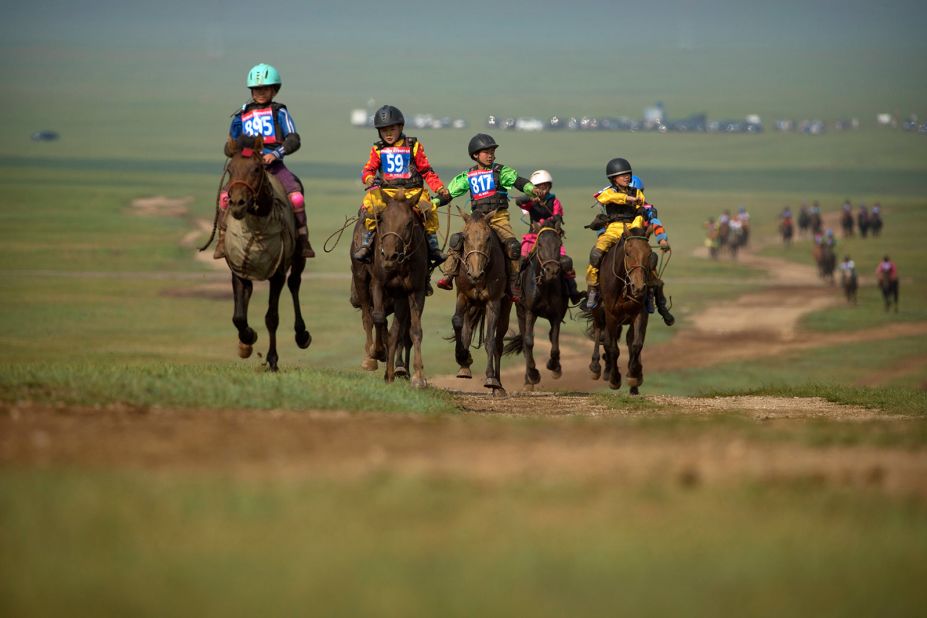 <strong>Horse racing: </strong>Mongolian child jockeys compete in a horse racing competition during the second day of the Naadam festival in Khui Doloon Khudag, on the outskirts of Ulaanbaatar in 2016.  