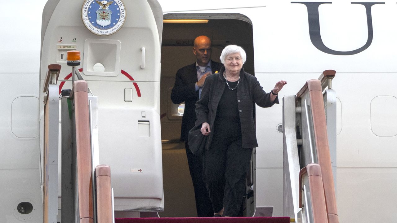 Treasury Secretary Janet Yellen arrives at Beijing Capital International Airport in Beijing, China, Thursday, July 6, 2023. (AP Photo/Mark Schiefelbein, Pool)