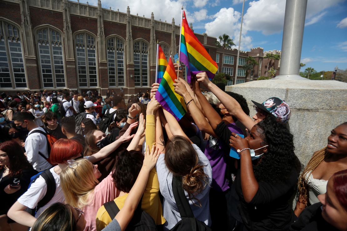 Hillsborough High School students protest a Republican-backed bill dubbed the "Don't Say Gay" that would prohibit classroom discussion of sexual orientation and gender identity, a measure Democrats denounced as being anti-LGBTQ, in Tampa, Florida, U.S., March 3, 2022.  REUTERS/Octavio Jones