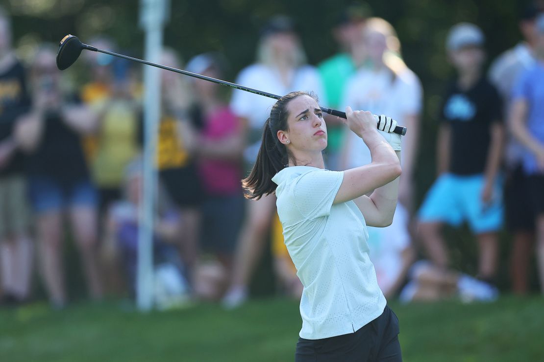 SILVIS, ILLINOIS - JULY 05: Caitlin Clark of the Iowa Hawkeyes plays a shot during the pro-am prior to the John Deere Classic at TPC Deere Run on July 05, 2023 in Silvis, Illinois. (Photo by Michael Reaves/Getty Images)