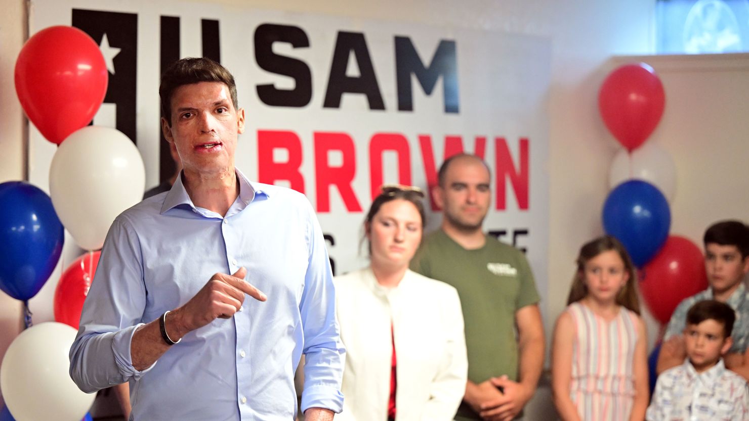 In this June 2022 photo, Sam Brown thanks supporters while waiting for election results at his campaign office in Reno, Nevada.