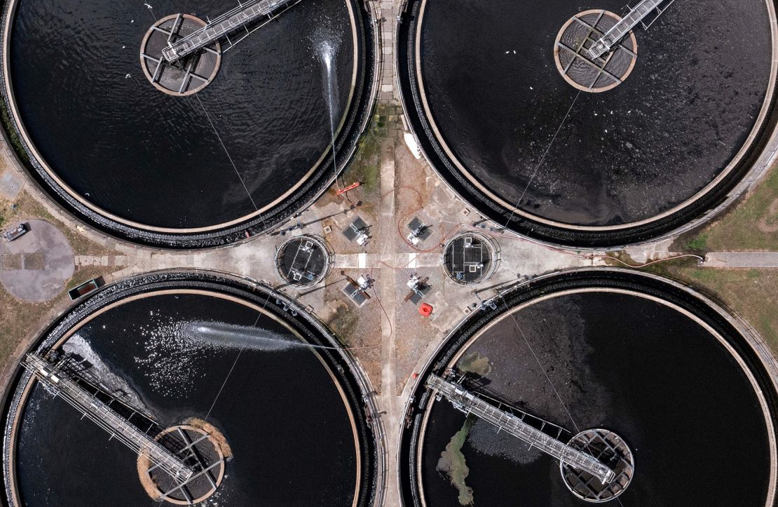 An aerial view of a Thames Water sewage treatment works in west London.