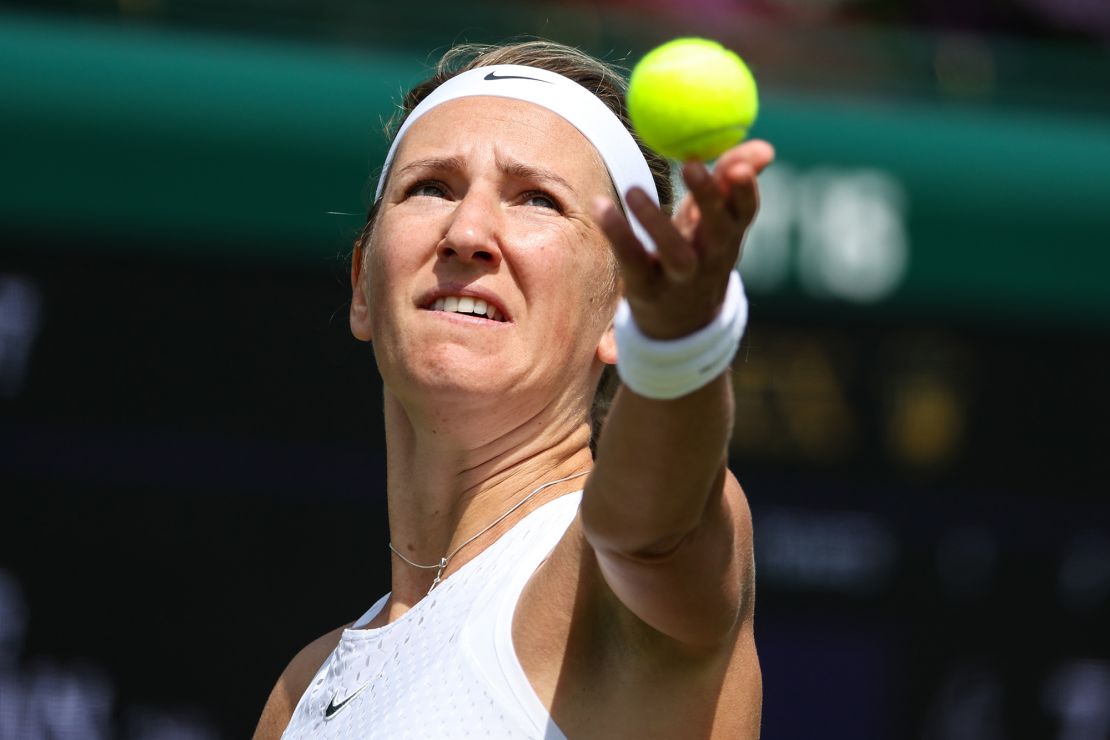 LONDON, ENGLAND - JULY 03: Victoria Azarenka serves in the Women's Singles first round match against Yue Yuan of China during day one of The Championships Wimbledon 2023 at All England Lawn Tennis and Croquet Club on July 03, 2023 in London, England. (Photo by Shi Tang/Getty Images)