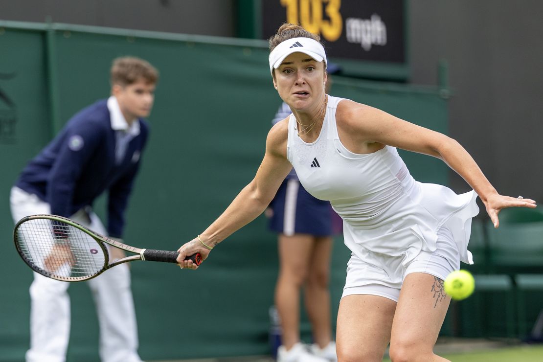 LONDON, ENGLAND - JULY 6.   Elina Svitolina of Ukraine in action against Elise Mertens of Belgium in the Ladies' Singles second-round match on Court Two during the Wimbledon Lawn Tennis Championships at the All England Lawn Tennis and Croquet Club at Wimbledon on July 06, 2023, in London, England. (Photo by Tim Clayton/Corbis via Getty Images)
