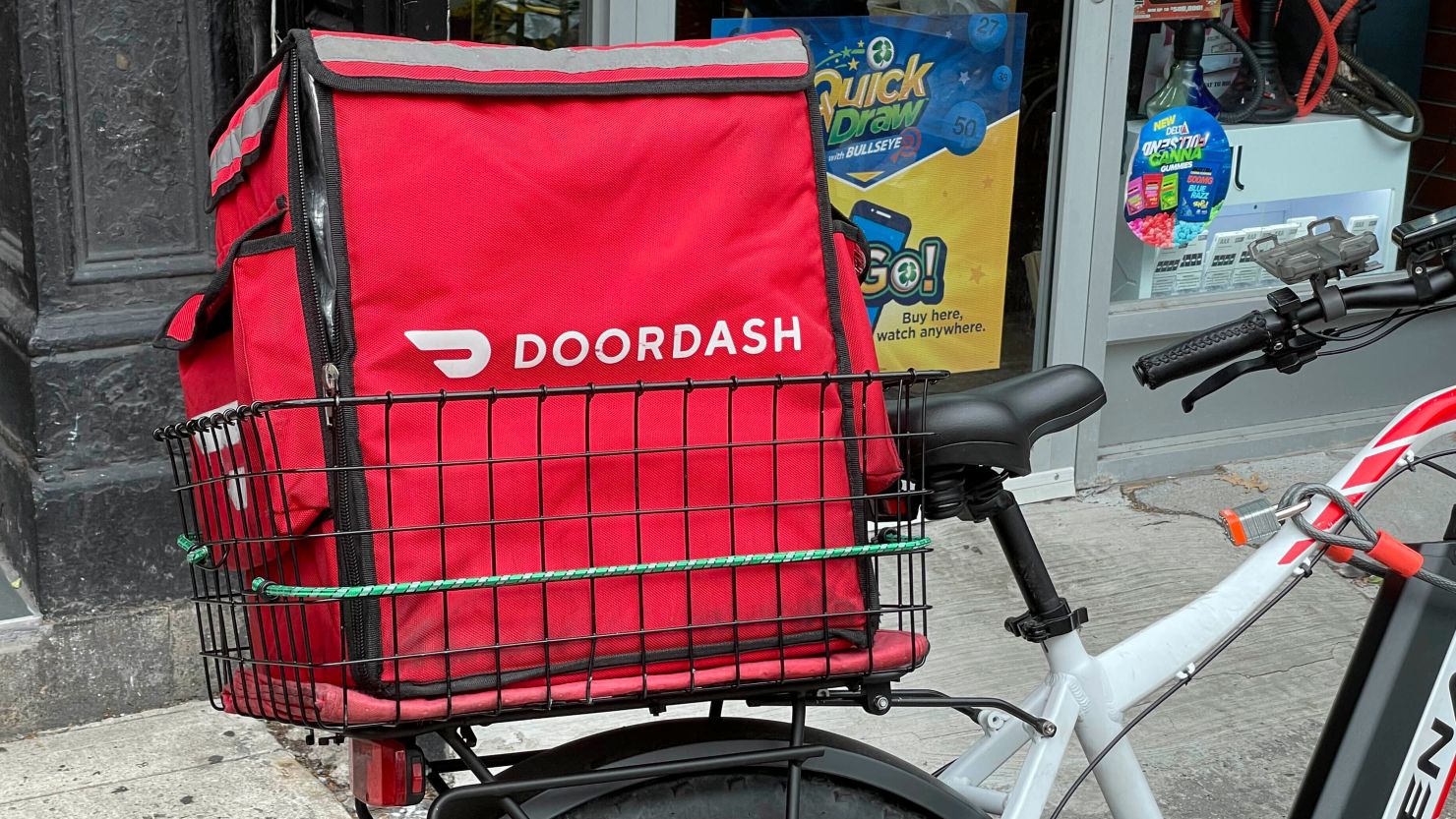 A DoorDash delivery bike is seen in Manhattan.