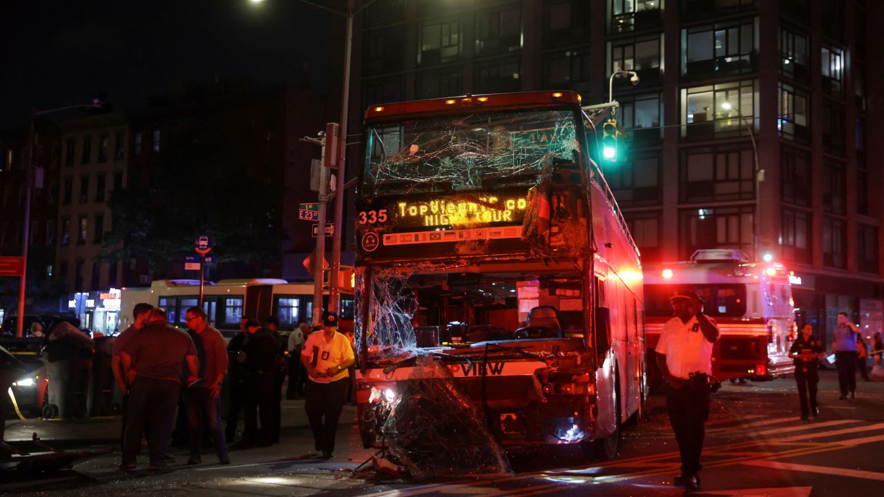 A view of the site of a bus crash between a tourist double decker bus and a city bus in the Manhattan borough of New York City, U.S., July 6, 2023. REUTERS/Jeenah Moon