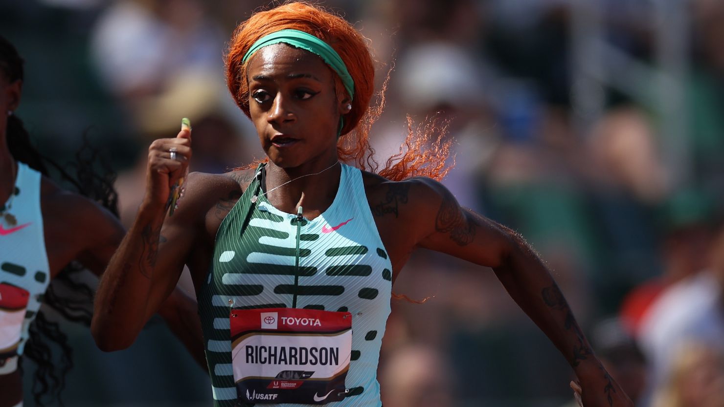 EUGENE, OREGON - JULY 06: Sha'Carri Richardson competes in the Women's 100m during the 2023 USATF Outdoor Championships at Hayward Field on July 06, 2023 in Eugene, Oregon. (Photo by Christian Petersen/Getty Images)