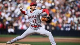 SAN DIEGO, CALIFORNIA - JULY 04: Shohei Ohtani #17 of the Los Angeles Angels throws a pitch against the San Diego Padres during the first inning at PETCO Park on July 04, 2023 in San Diego, California. (Photo by Orlando Ramirez/Getty Images)