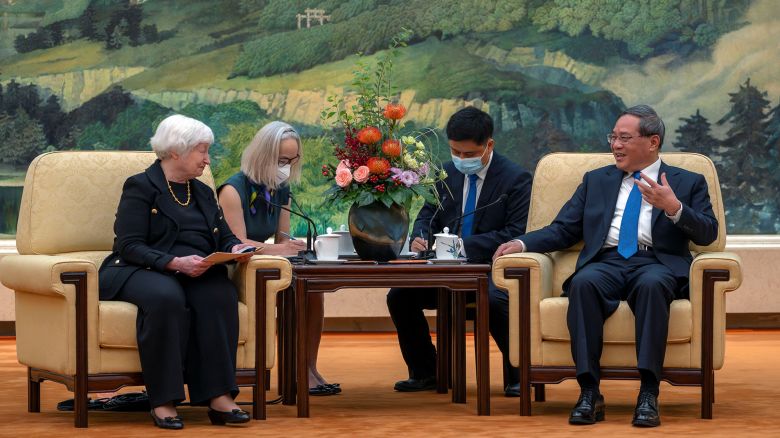 Chinese Premier Li Qiang, right, speaks as Treasury Secretary Janet Yellen, left, listens during a meeting at the Great Hall of the People in Beijing, China, Friday, July 7, 2023.  Mark Schiefelbein/Pool via REUTERS